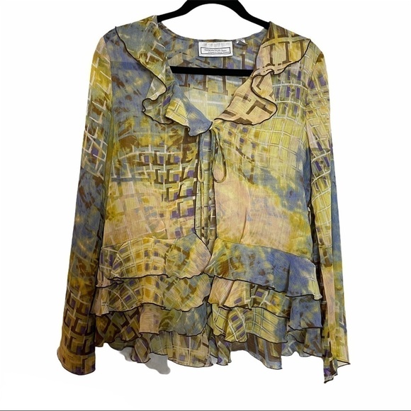 Simonton Says Watercolor Design Sheer Open Front Single Tie Front Cardigan - Picture 1 of 9